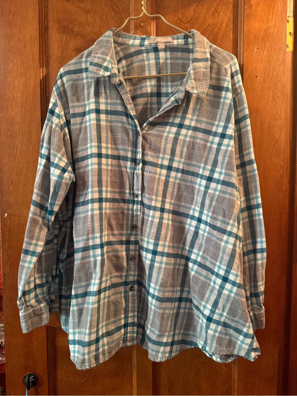 Woman Within Teal and Gray Plaid Casual Button-Down Shirt 26/28